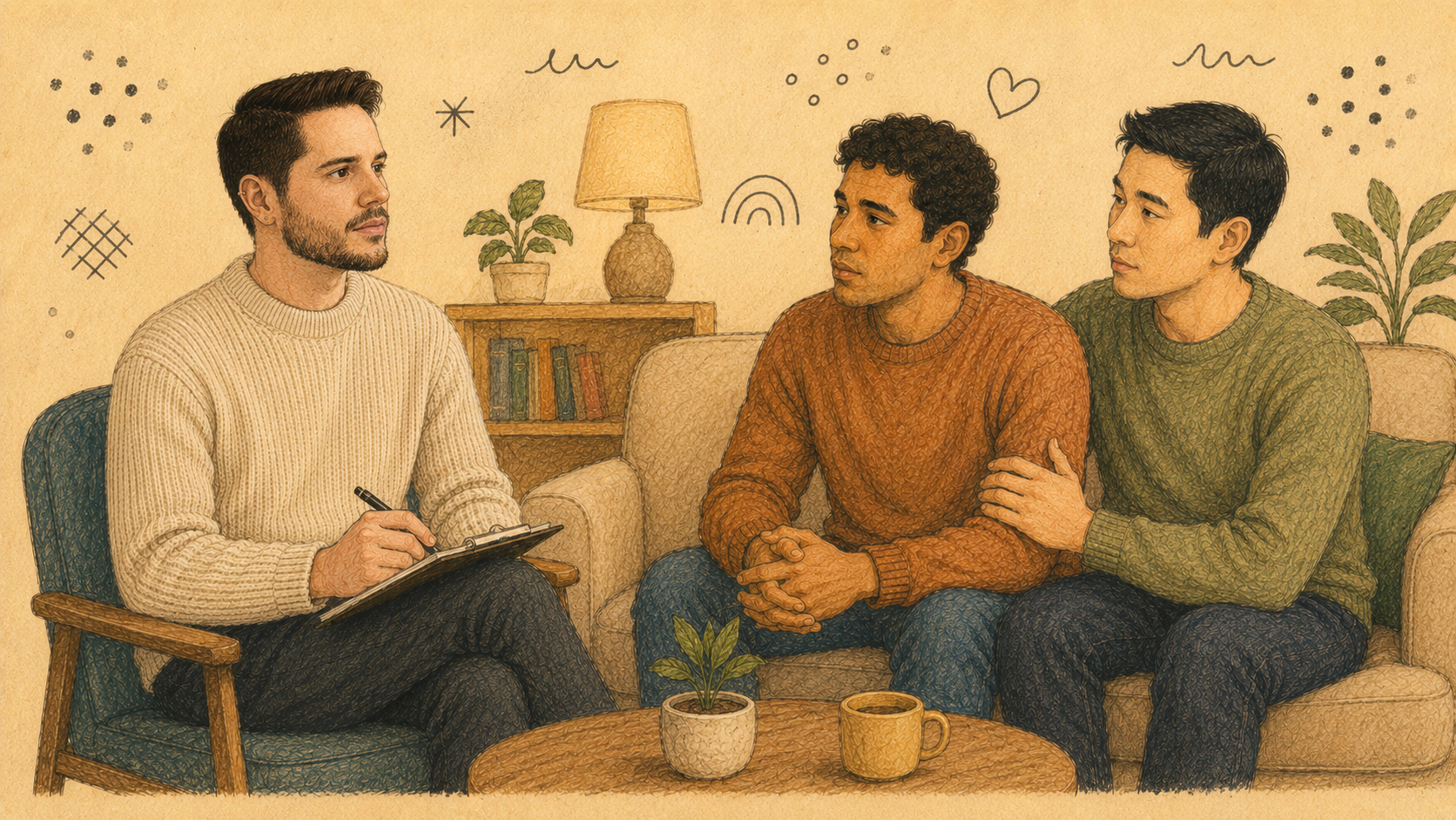 Illustration of two partners at a crossroads with a therapist.