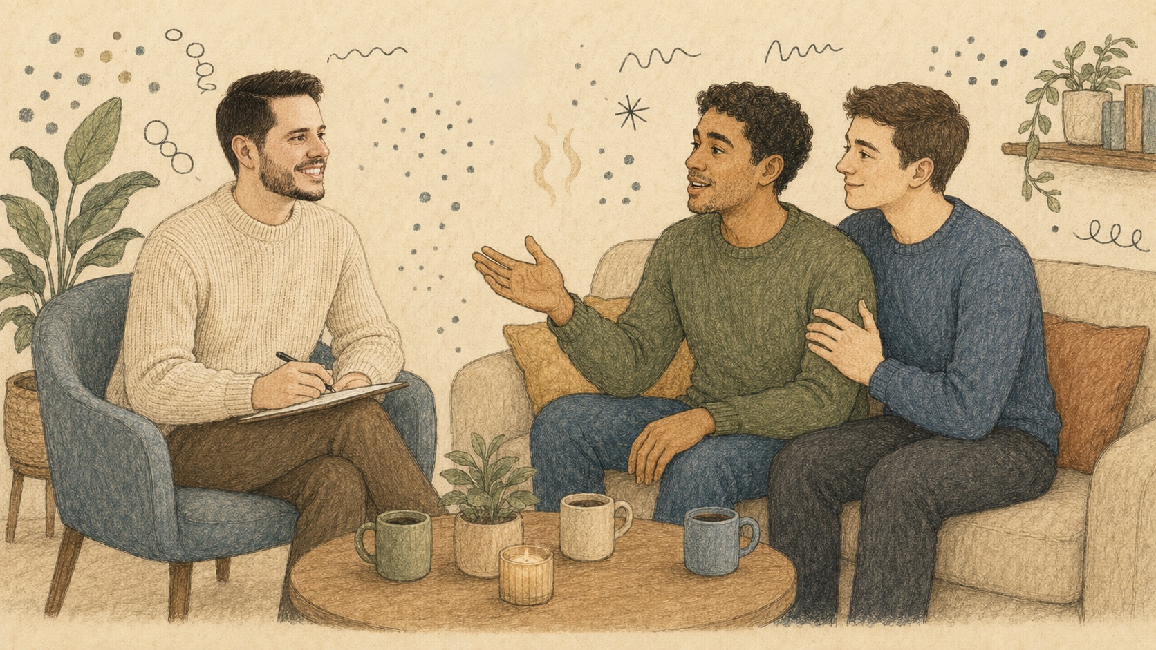 Illustration of a couple sitting together with a therapist.