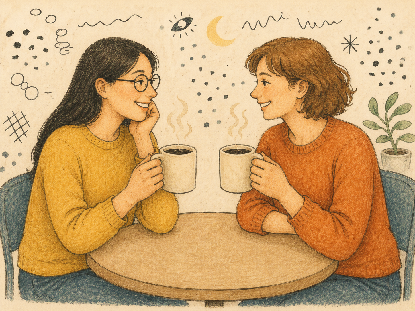 Two women sitting on the floor with mugs, listening to one another.